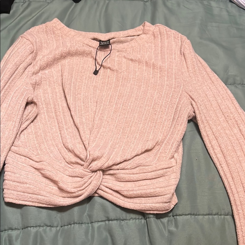 Pink Ribbed Twist Front Top